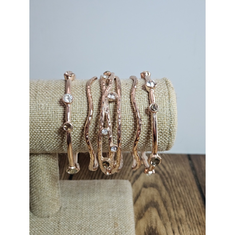 RJ Graziano Glow On‎ Rose Gold Tone Hammered Wavy Stack Crystal Bangle Bracelets